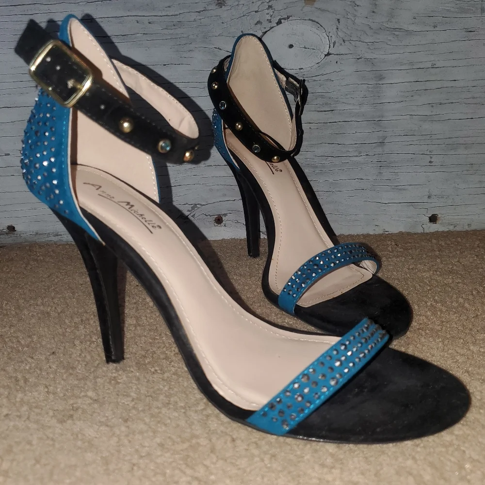 Anne Michelle Enzo-44 Sexy Embellished Stiletto Sandal, Size: 10, Black & Blue